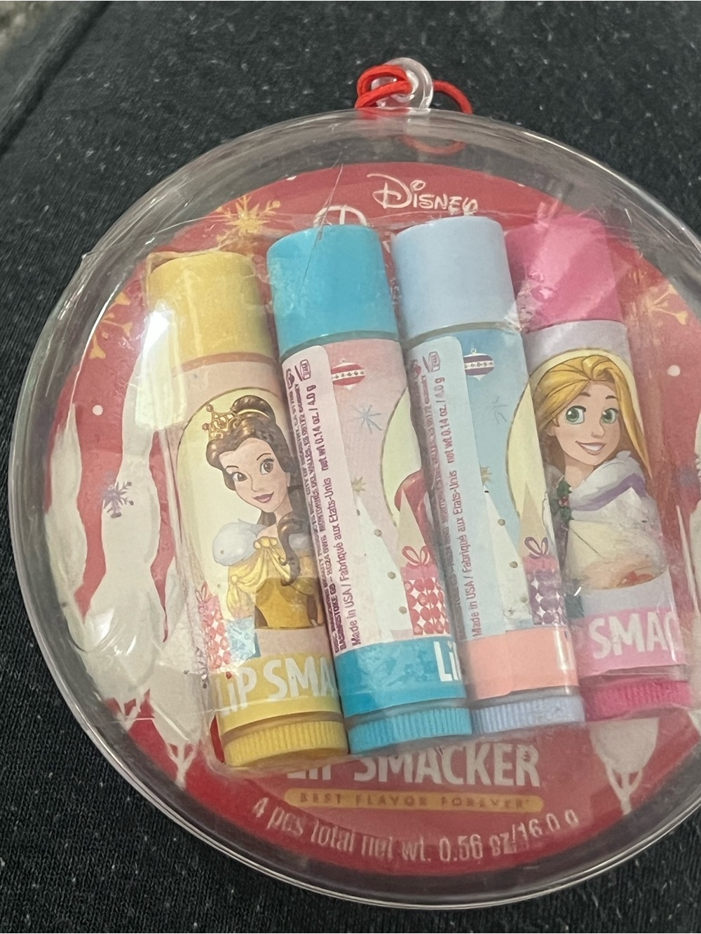 Disney Princess Lip Smacker 4-Piece Holiday Ornament Set Belle Elsa Rapunzel